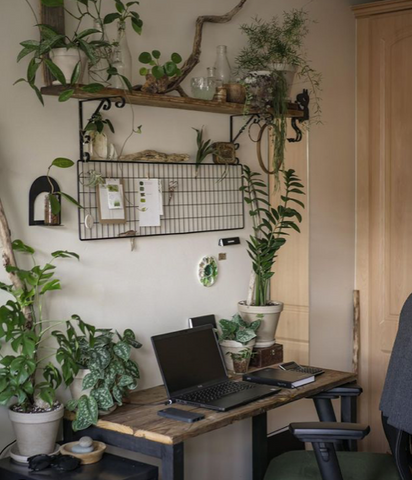 Work from home desk decorated with plants and greenery