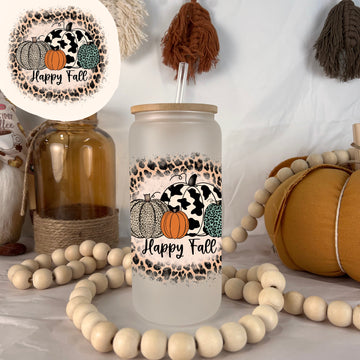 Happy Fall Pumpkins Frosted Glass Can 20oz