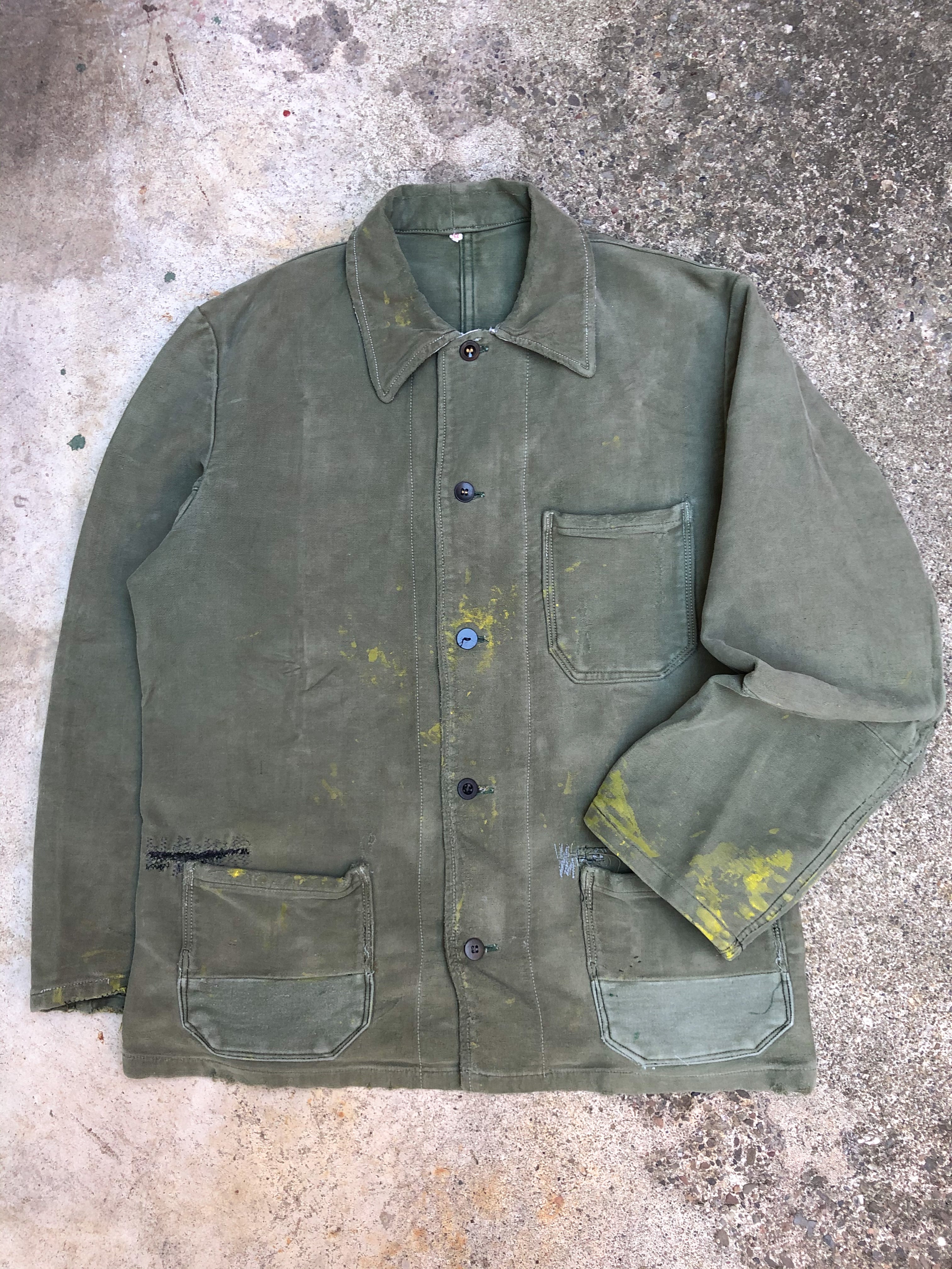 1960s Paint Repaired Faded Green Moleskin German Chore Jacket (M)