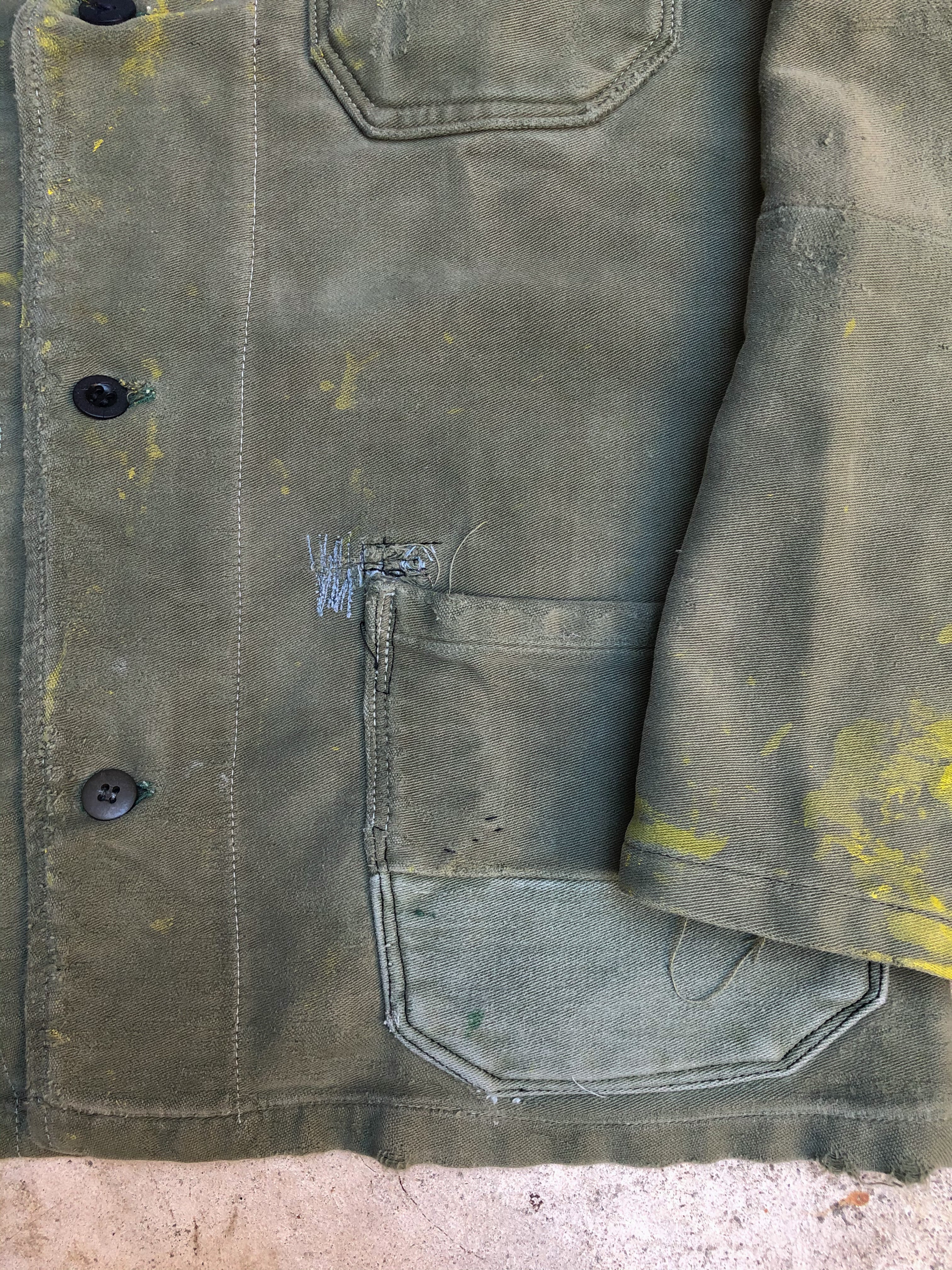 1960s Paint Repaired Faded Green Moleskin German Chore Jacket (M)