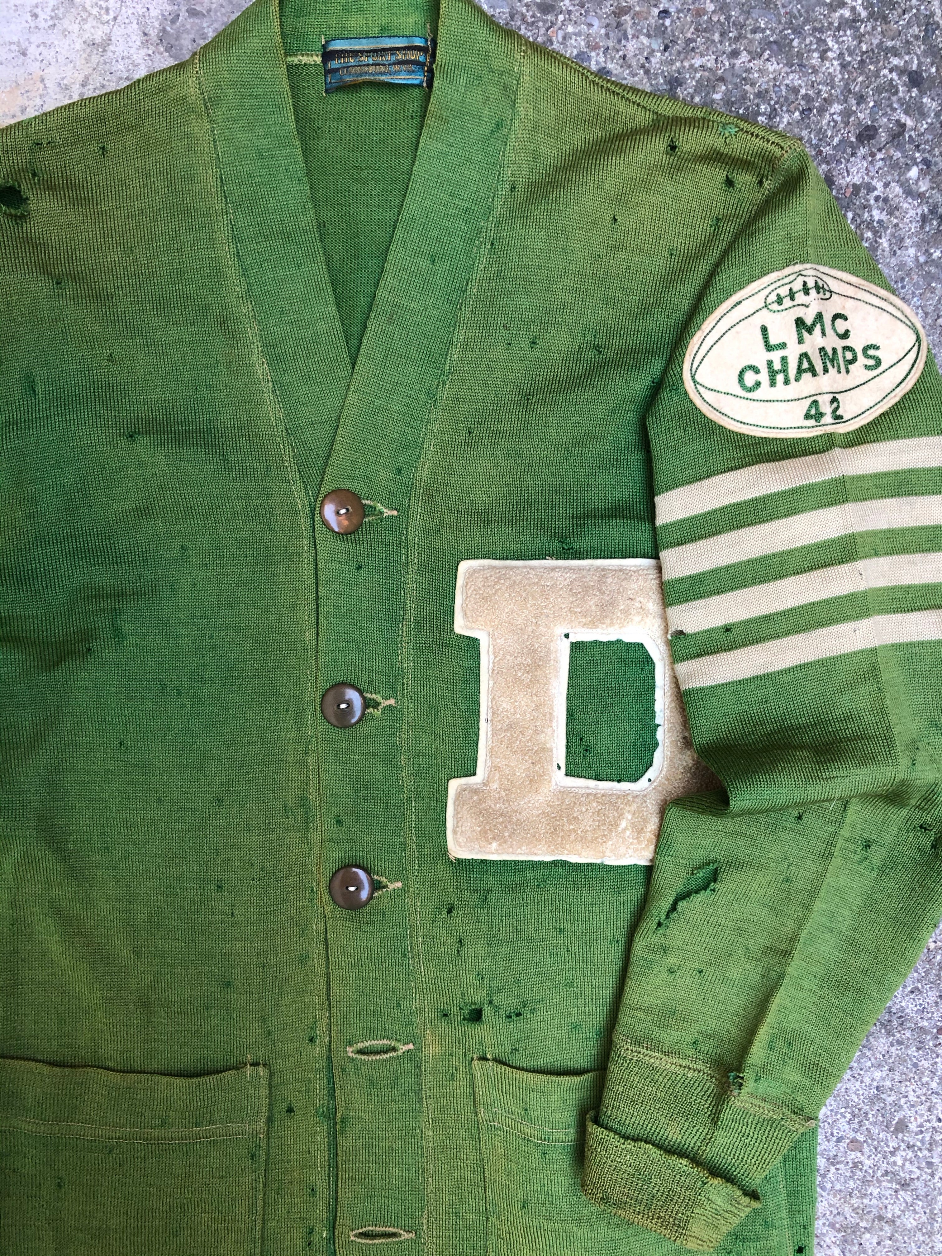 1940s Sun Faded Chain Stitch “LMC Champs” Varsity Letterman Cardigan (XS)