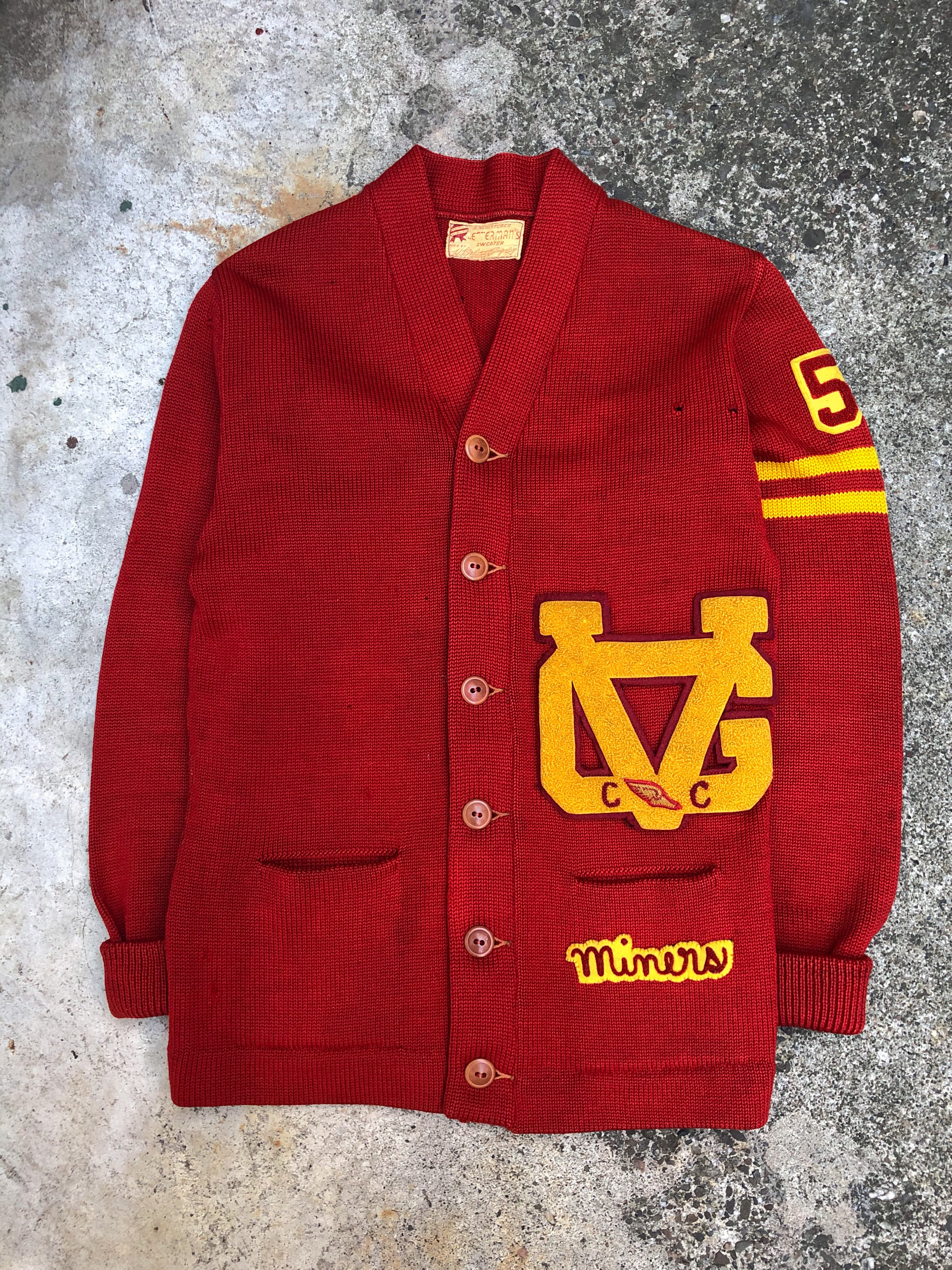 1950s Red Chain Stitch “Miners” Varsity Cardigan (XS)