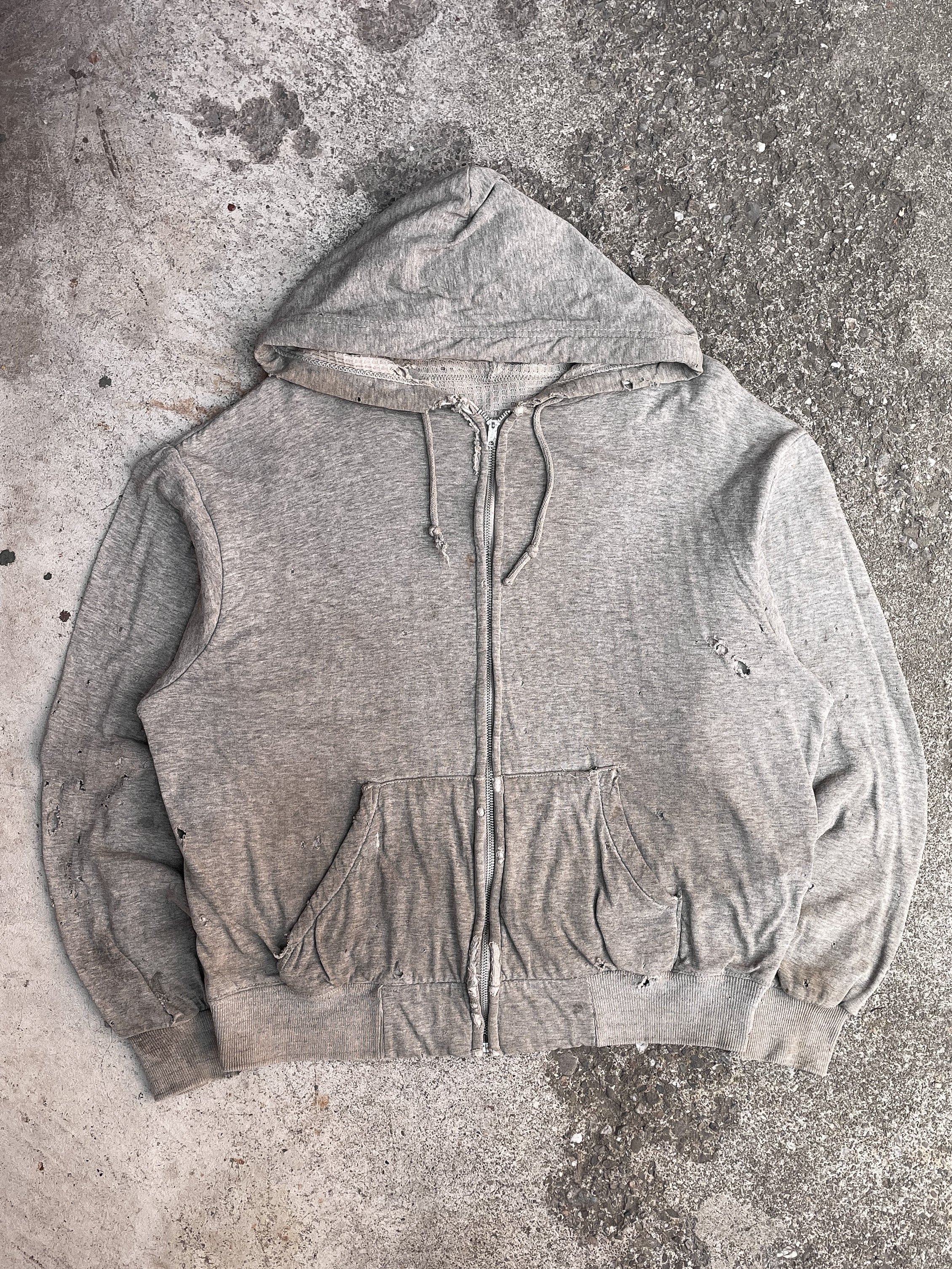 1960s Thrashed Heather Grey Thermal Zip Up Hoodie (M)