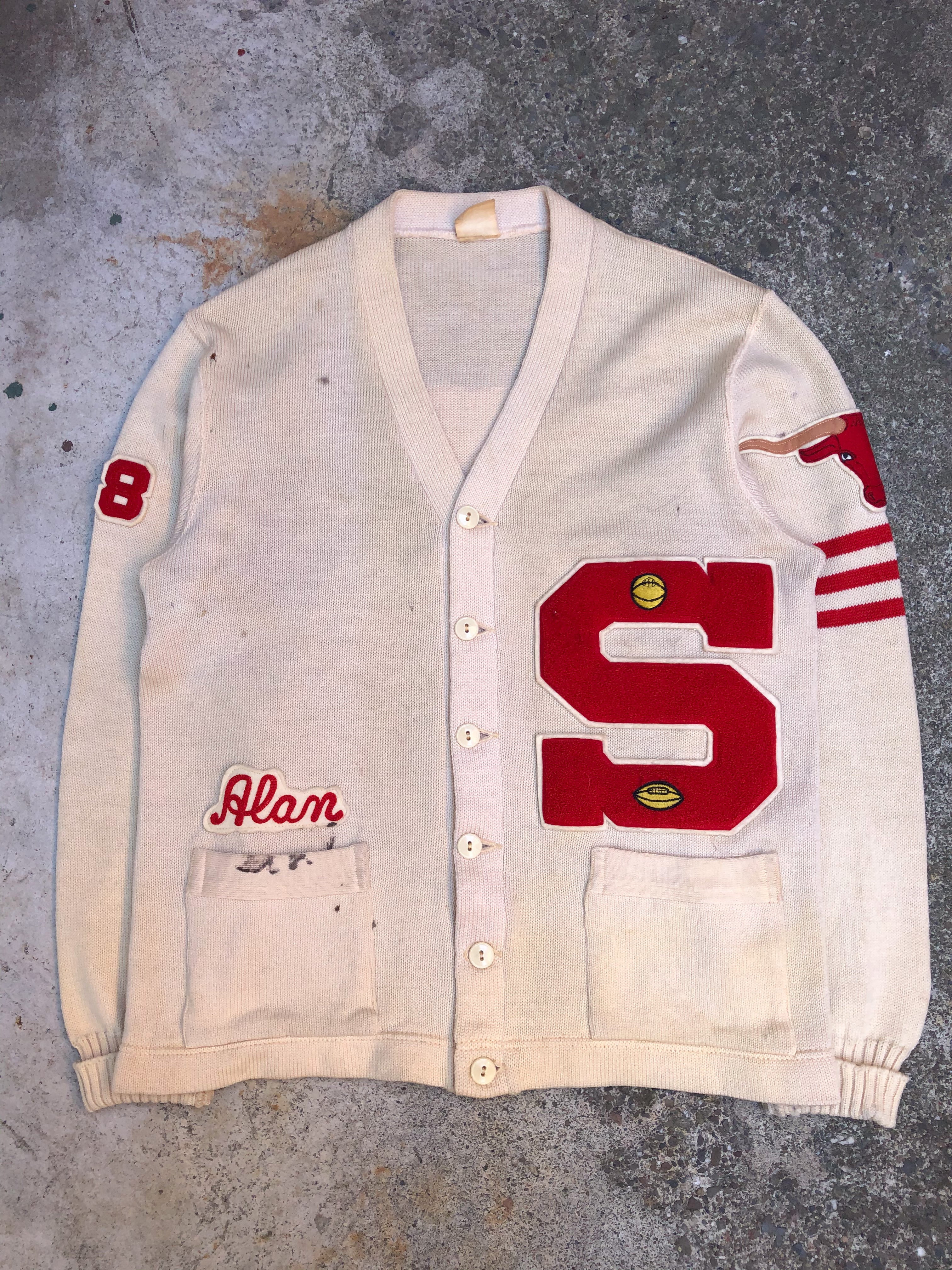 1950s Cream Chain Stitch Longhorn Varsity Letterman Cardigan (M)