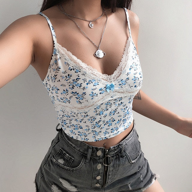 Rockmore Rose Print Patchwork Lace Camis For Women Sexy Spaghetti Straps Low Cut Camisole Y2K Crop Tops Summer Club Tank Tops
