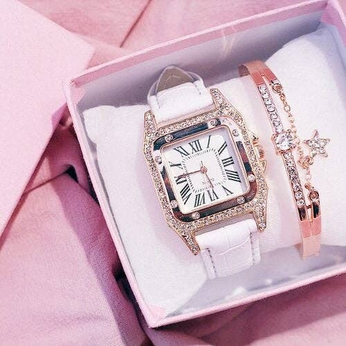 White Leather Wristwatch & Bracelet Set