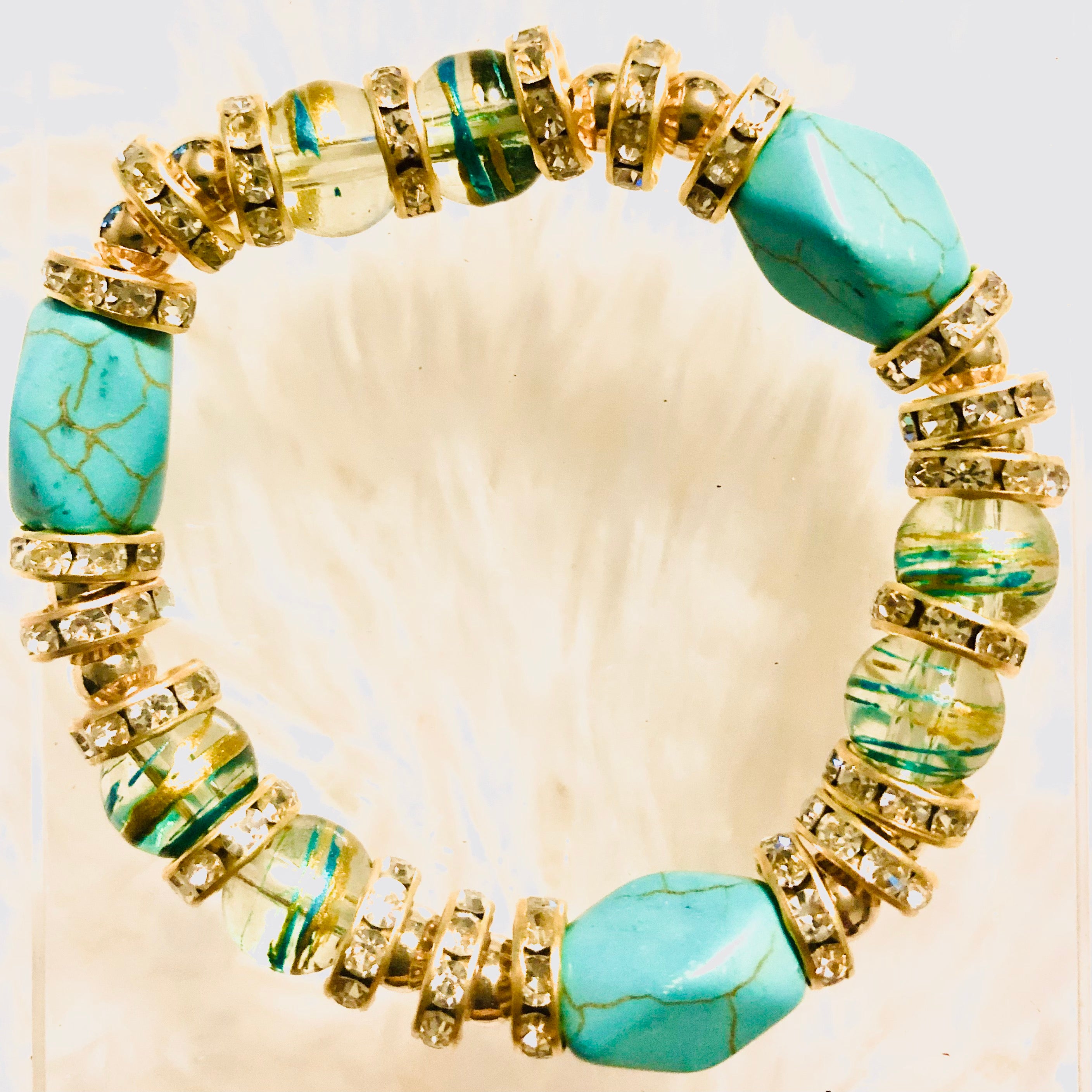 Turquoise Bead Stretch Bracelet- Gold
