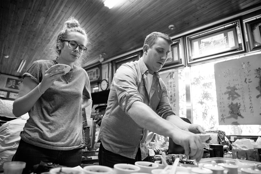 Alice and Edgar tasting Ali Shan Samples in Taiwan