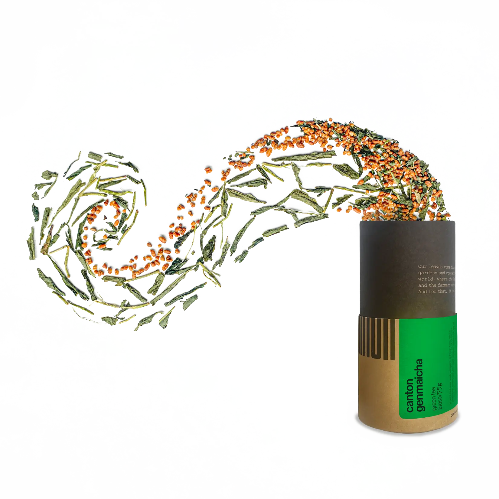 Tube of Canton Genmaicha with the Leaves Spilling Out of the Top