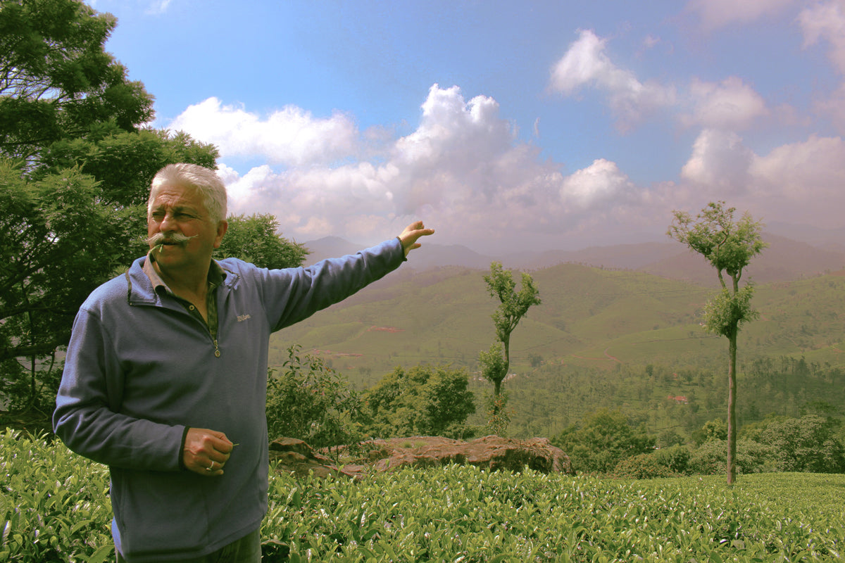 indi khanna pointing over a tea field