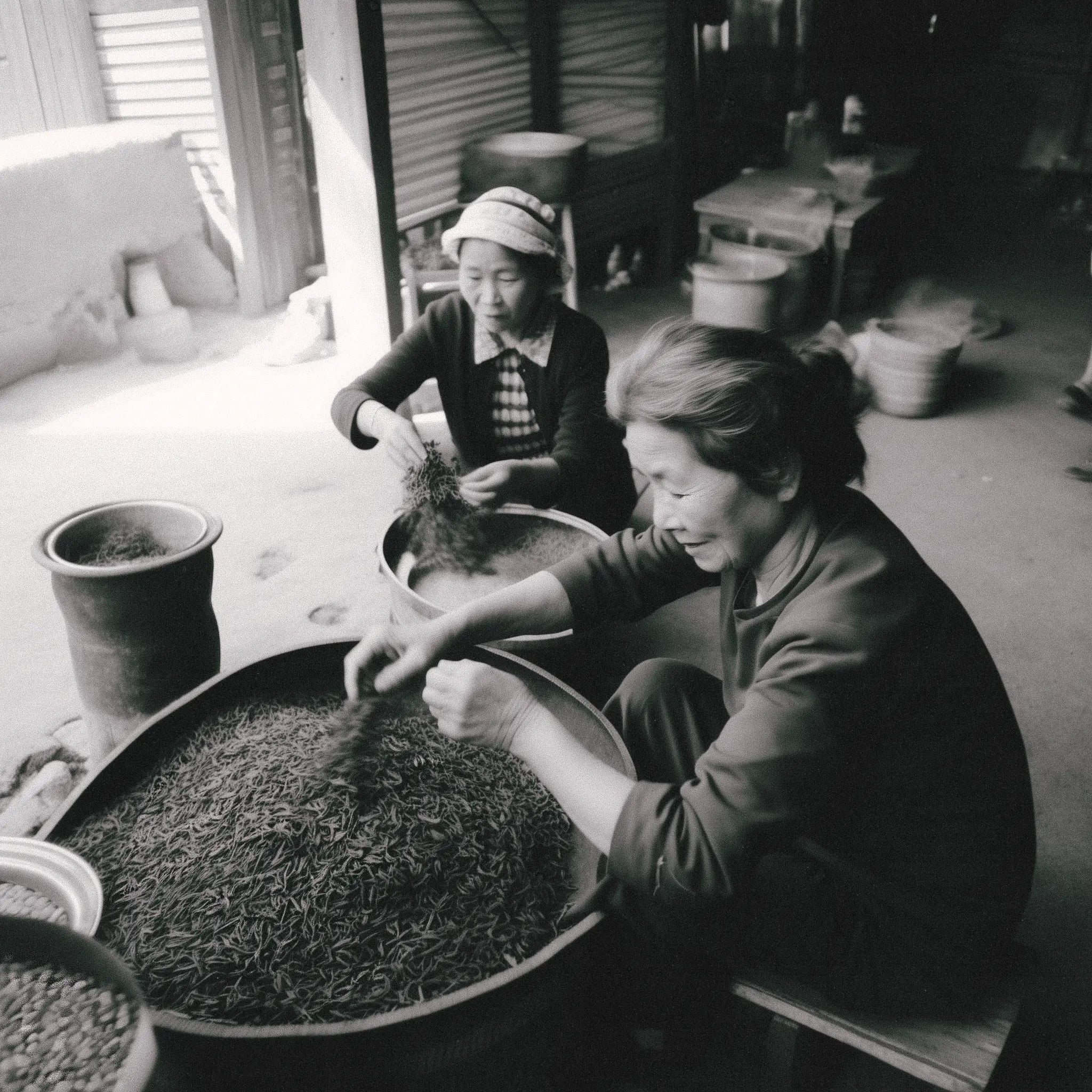 Two Women Roasting Tea Leaves in Yunnan China