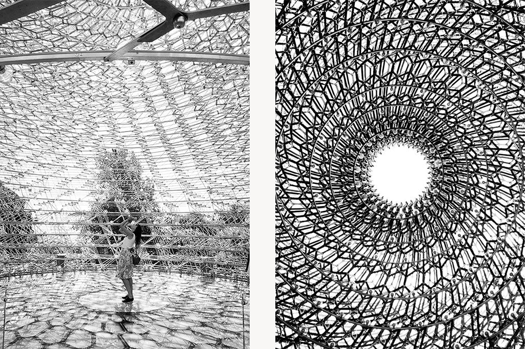 Two photos from inside 'The Hive' sculpture at Kew Gardens