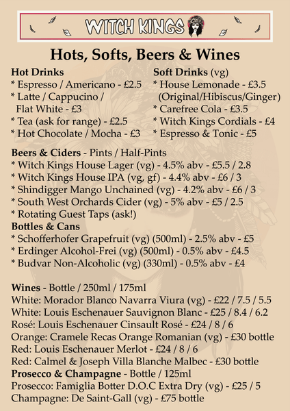 Witch Kings Hots, Softs, Beers & Wines Menu