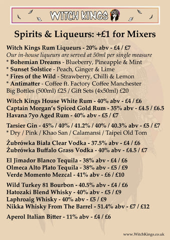 Witch Kings Bar & Restaurant Levenshulme - Drinks - Spirits & Liqueurs