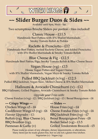 Witch Kings Bar & Restaurant Levenshulme - Food - Sliders & Sides Menu