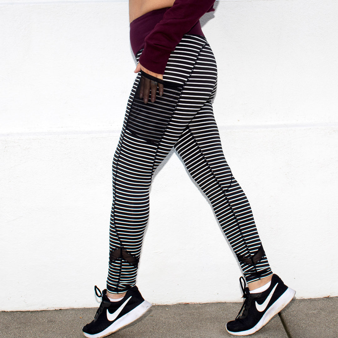 high waisted black and white striped leggings