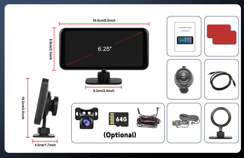 PODOFO 6.25 Inches Wireless CarPlay Android Auto Screen with DVR 4K, Screen Mirroring, Support Bluetooth/AUX/FM/TF, Support Rear Camera, Automatic brightness