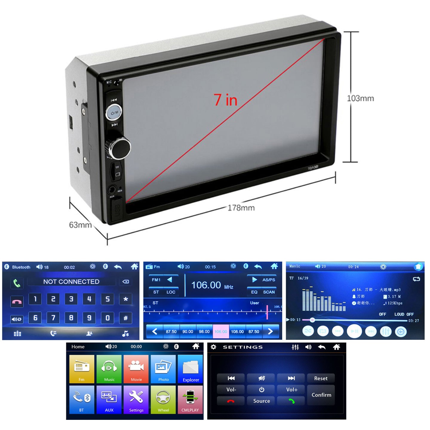 PODOFO Mirror Link Double Din Car Stereo Radio, 7 Inch Touchscreen MP5 Player with Backup Camera Steering Remote Control