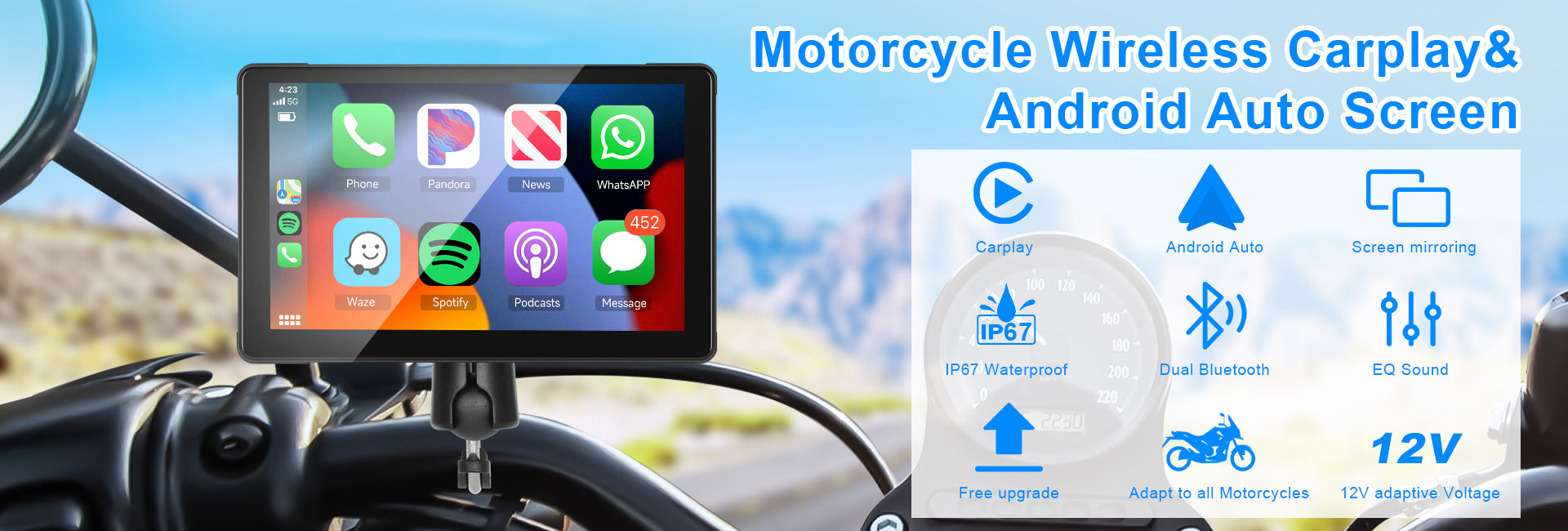 Podofo 7-inch Motorcycle GPS system Wireless Carplay Android Auto Screen IP67 Waterproof screen, Dual Bluetooth Connectivity, TF/Type-C