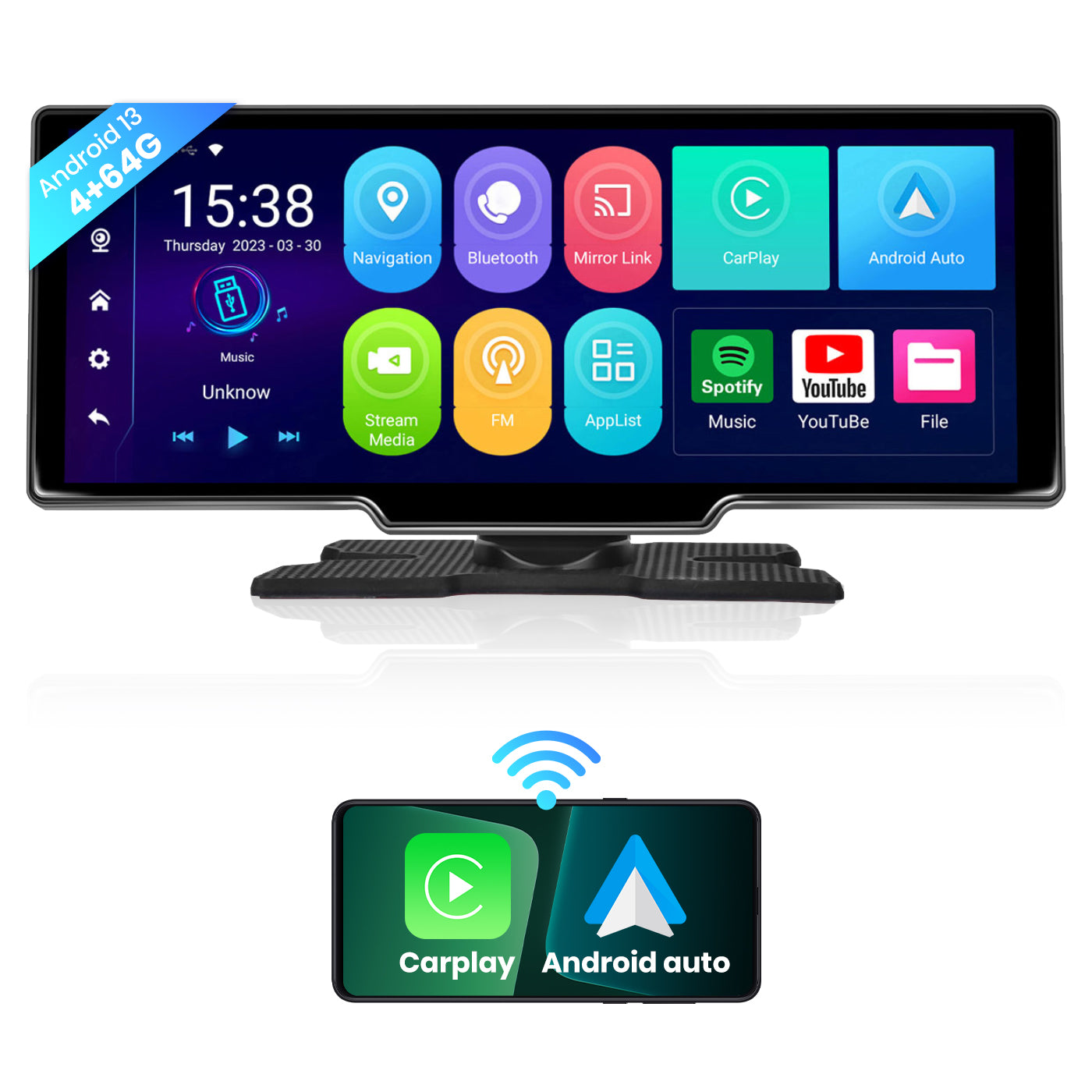 PODOFO 10.26 Inch Android 13 Portable Wireless Apple CarPlay Screen, W