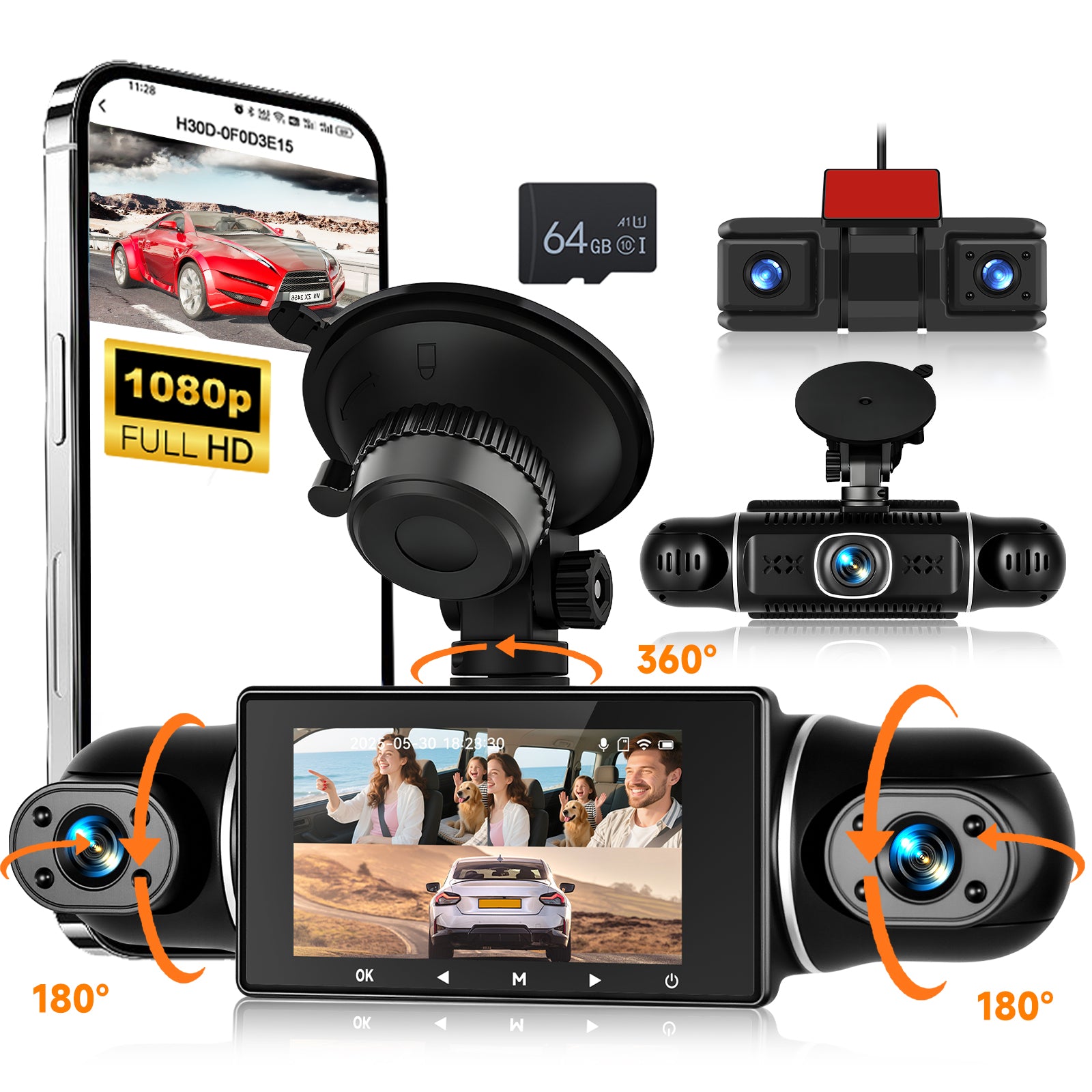 5 Channel Dash Cam with WiFi & APP Control, 5x1080P Front and Rear Inside Left Right, Five Cameras with 64GB Card, G-Sensor, 24 Hours Parking Mode, Loop Recording, Night Vision(L5932G64)
