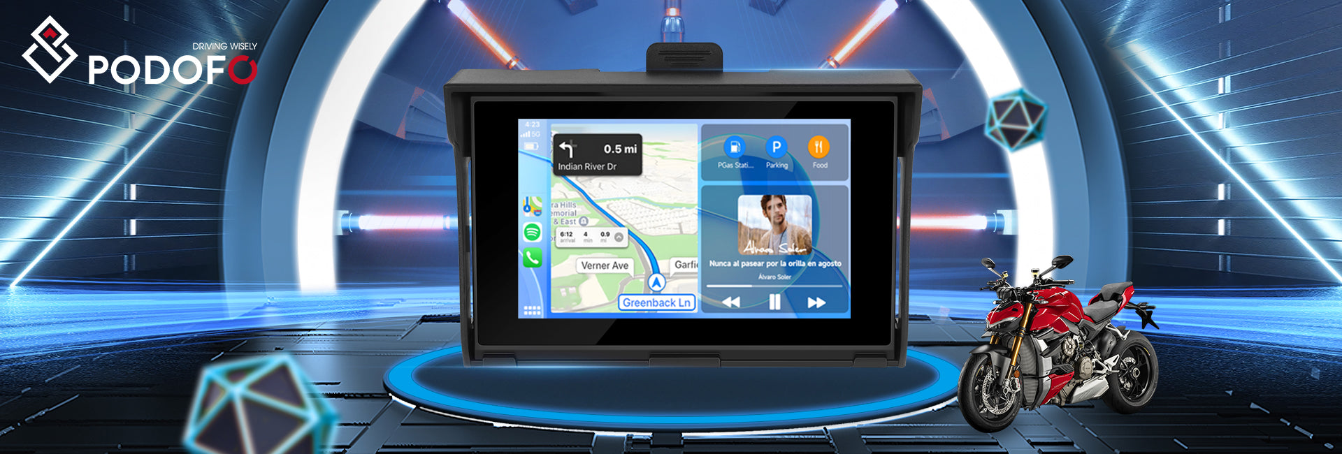 Podofo 5-inch Motorcycle Carplay Portable Android Auto Screen Supports Android  AirPlay Android Cast, Bluetooth transmitter, TF/USB