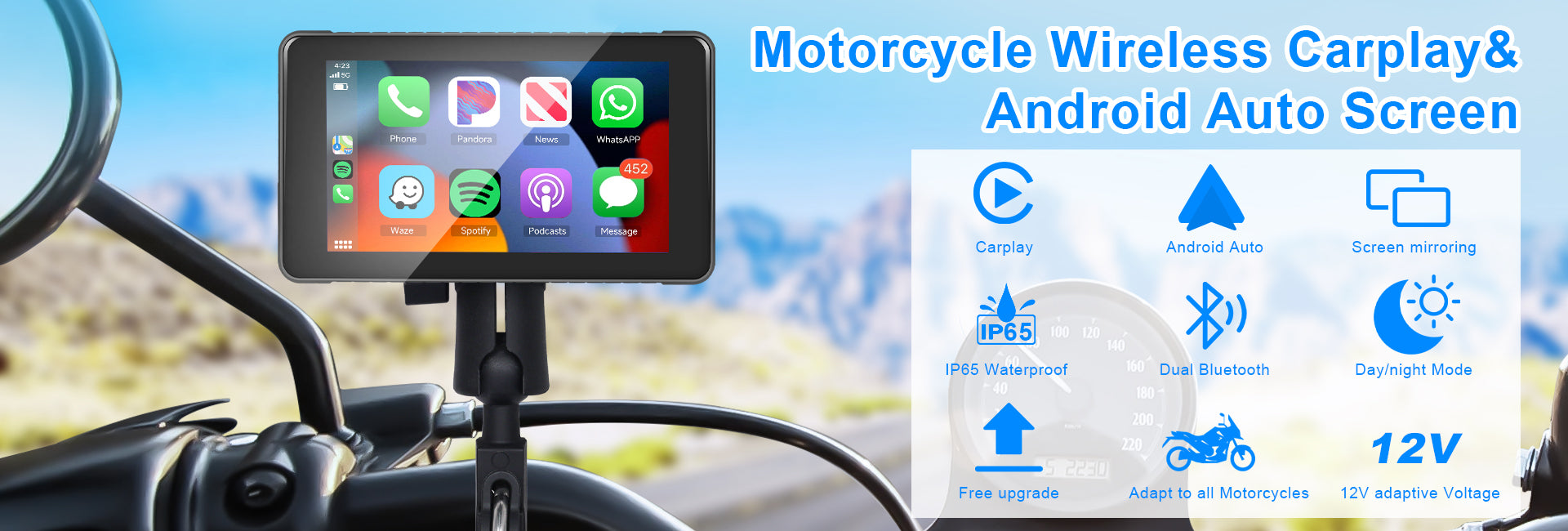 Podofo 5-inch Motorcycle GPS Wireless Carplay Android Auto Screen IP65 Waterprrof screen, Dual Bluetooth Connectivity, TF/Type-C for Software Upgrade