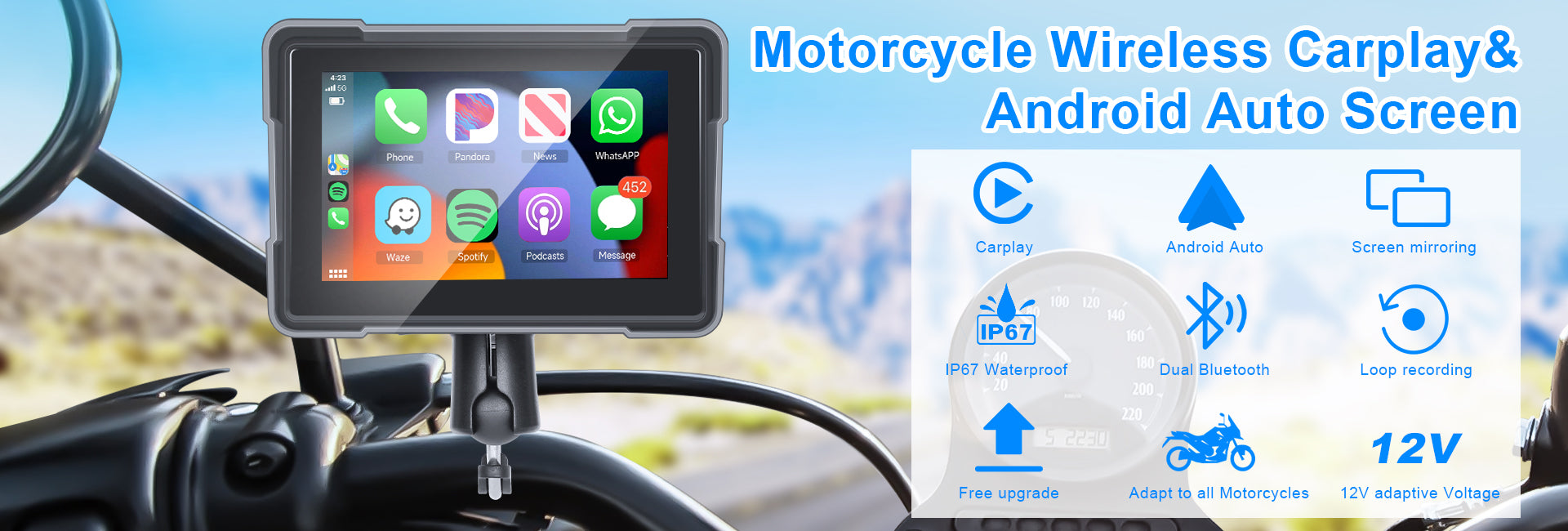 Podofo 5-inch Motorcycle Carplay Wireless Android Auto Screen IP67 Waterproof screen, Dual Bluetooth system, Support DVR Two Cameras