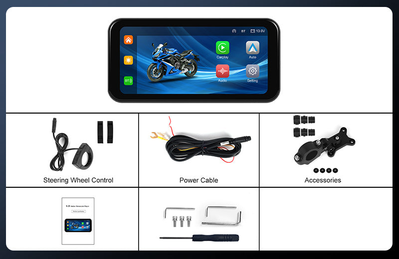 Podofo 6.25-inch Portable Motorcycle Carplay&Android Auto Screen With Steering Wheel Control Waterproof IP67, Bluetooth Helmet, Auto Brightness