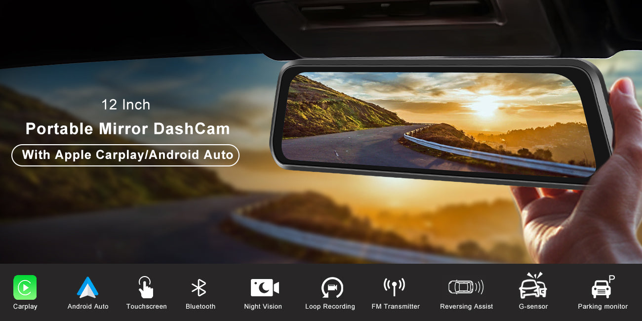 PODOFO 12- inch High Definition Screen CarPlay Car In-Mirror Mounted Video Player with 4K Front dashcam, Support Rear Camera, Android Auto, G-sensor, 24-Hour Parking Monitoring, Support 64G TF Card