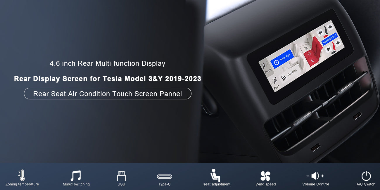 PODOFO 4.6-inch IPS Multifunctional Entertainment System Touchscreen, Compatible for Tesla Model 3/Y 2019-2023, Rear Seat Climate Control with Seat Heating, Original car Style, Dual USB/TYPE-C Ports