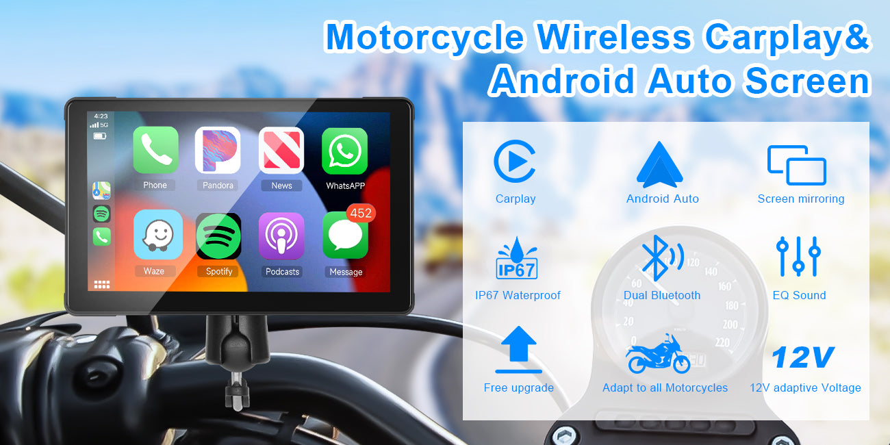 Podofo 7-inch Motorcycle GPS system Wireless Carplay Android Auto Screen IP67 Waterproof screen, Dual Bluetooth Connectivity, TF/Type-C