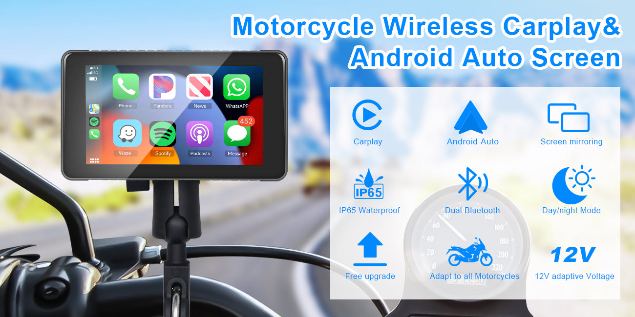 Podofo 5-inch Motorcycle GPS Wireless Carplay Android Auto Screen IP65 Waterprrof screen, Dual Bluetooth Connectivity, TF/Type-C for Software Upgrade