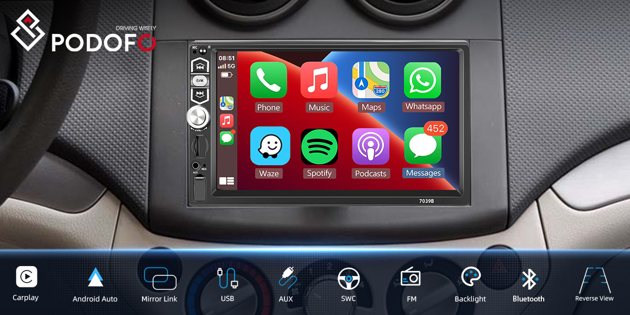 PODOFO CarPlay & Android Auto Single Din Car Stereo Radio with 7 Inch