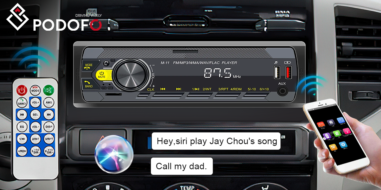 PODOFO Single Din MP3 Player Multimedia Car Stereo, In-Dash Car Radios Subwoofer USB SD AUX-IN Siri