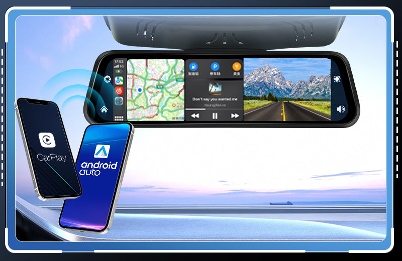 PODOFO 12- inch High Definition Screen CarPlay Car In-Mirror Mounted Video Player with 4K Front dashcam, Support Rear Camera, Android Auto, G-sensor, 24-Hour Parking Monitoring, Support 64G TF Card