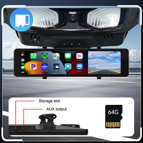 PODOFO 11.26 inch Mirror Dash Camera Wireless Apple CarPlay Android Auto, Front & Rear View Camera, ADAS, 24-Hour Parking Monitoring, Support 64G/128G TF Card, Voice Control Bluetooth Call FM Transmitter Split Screen