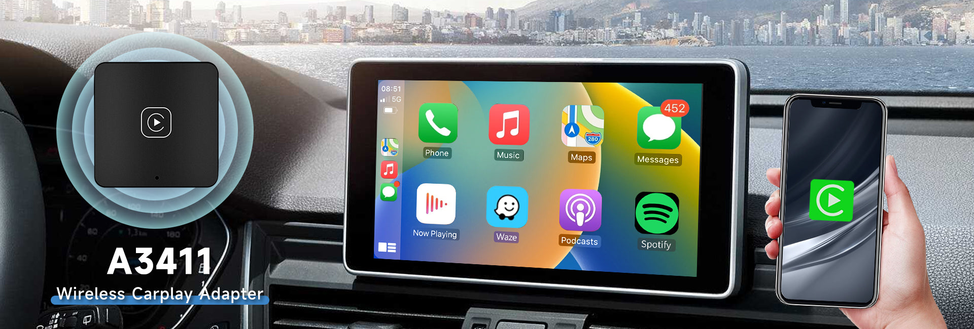 Podofo A3412 - CarPlay Dongle Android Auto Ai Box Wireless Auto