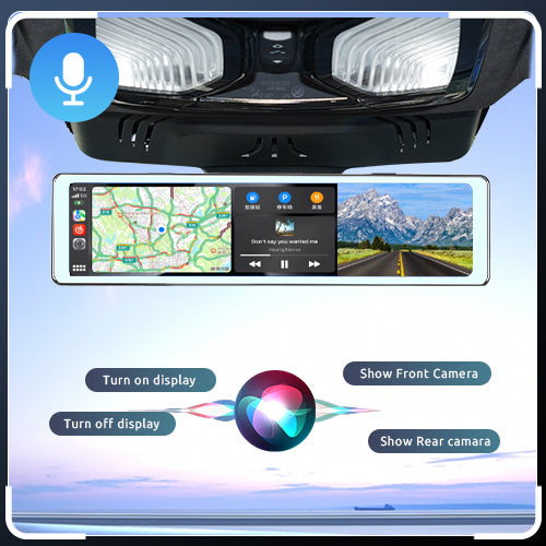 PODOFO 11.26 inch Mirror Dash Camera Wireless Apple CarPlay Android Auto, Front & Rear View Camera 64G TF Card Support DVR Voice Control Bluetooth Call FM Transmitter Split Screen