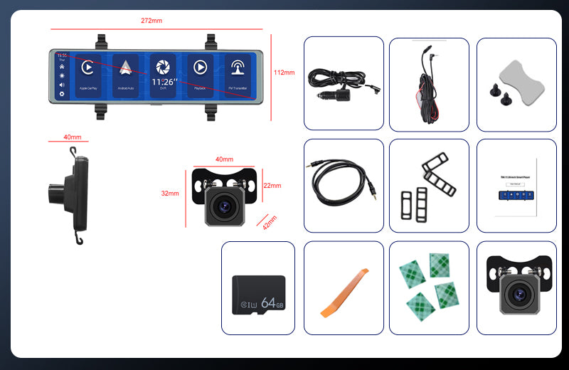 PODOFO 11.26 inch Mirror Dash Camera Wireless Apple CarPlay Android Auto, Front & Rear View Camera 64G TF Card Support DVR Voice Control Bluetooth Call FM Transmitter Split Screen