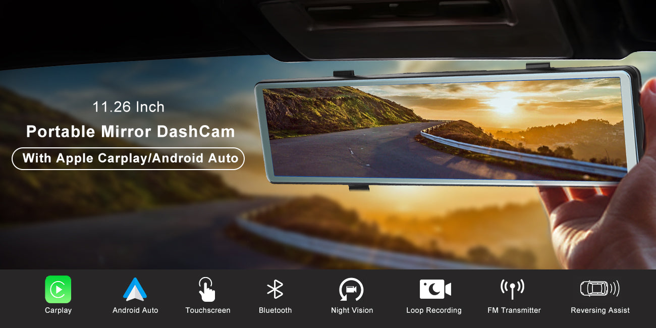 PODOFO 11.26 inch Mirror Dash Camera Wireless Apple CarPlay Android Auto, Front & Rear View Camera 64G TF Card Support DVR Voice Control Bluetooth Call FM Transmitter Split Screen