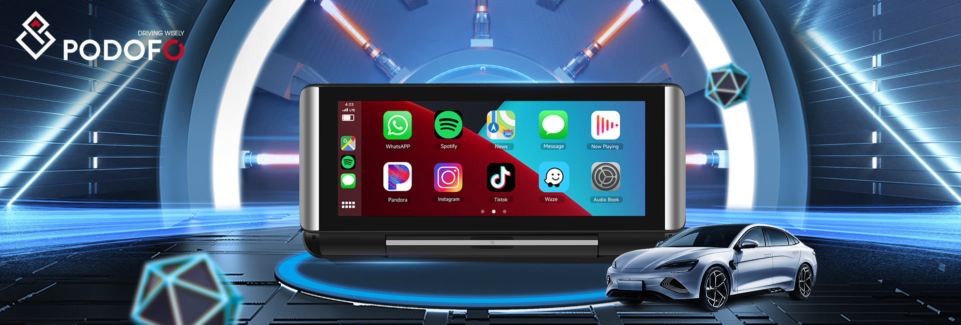 PODOFO 6.86 Inches Foldable CarPlay Screen &Android Auto Support Bluetooth/AUX/TF/BSD Apple Airplay Android Cast Support Rear Camera DVR 4K