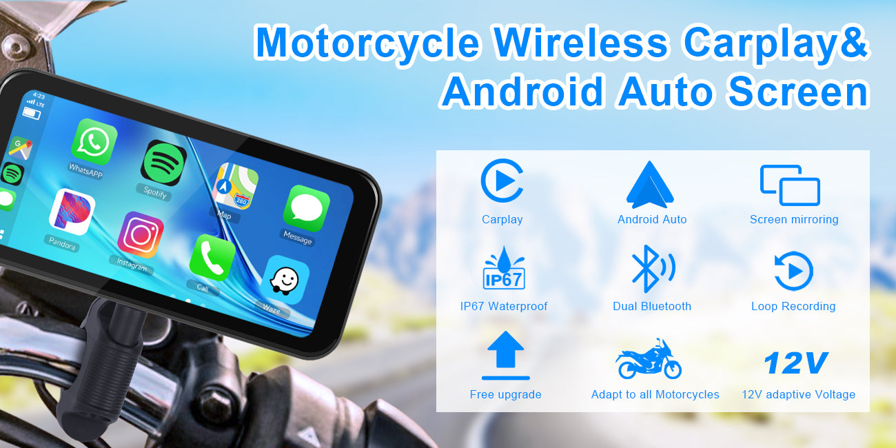 Podofo 6.25-inch Portable Motorcycle Carplay&Android Auto Screen With Steering Wheel Control Waterproof IP67, Bluetooth Helmet, Auto Brightness