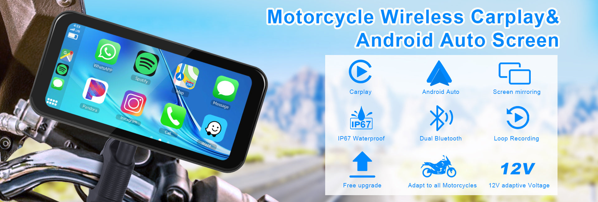 Podofo 6.25-inch Portable Motorcycle Carplay&Android Auto Screen With Steering Wheel Control Waterproof IP67, Bluetooth Helmet, Auto Brightness