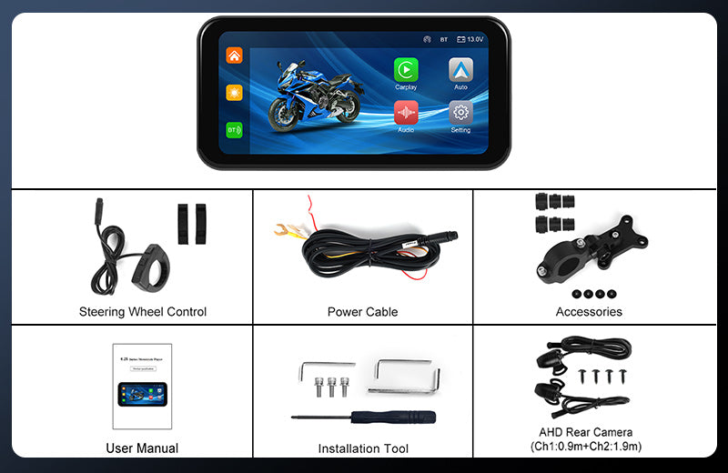 Podofo 6.25-inch Portable Motorcycle Carplay&Android Auto Screen With Steering Wheel Control Waterproof IP67, Bluetooth Helmet, Auto Brightness