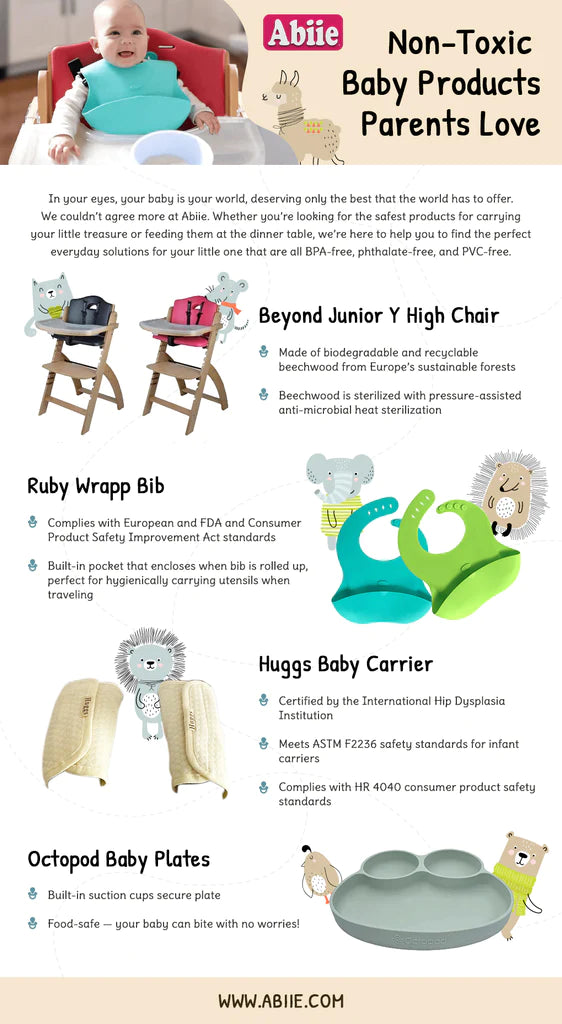 List of best non-toxic baby products: the beyond junior y high chair, ruby wrapp bib, huggs baby carrier, and octopod baby plates