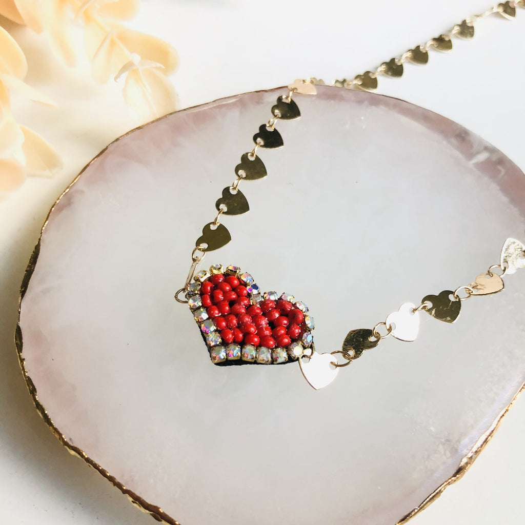 Beaded red heart charm choker necklace - Shinedesignandshop