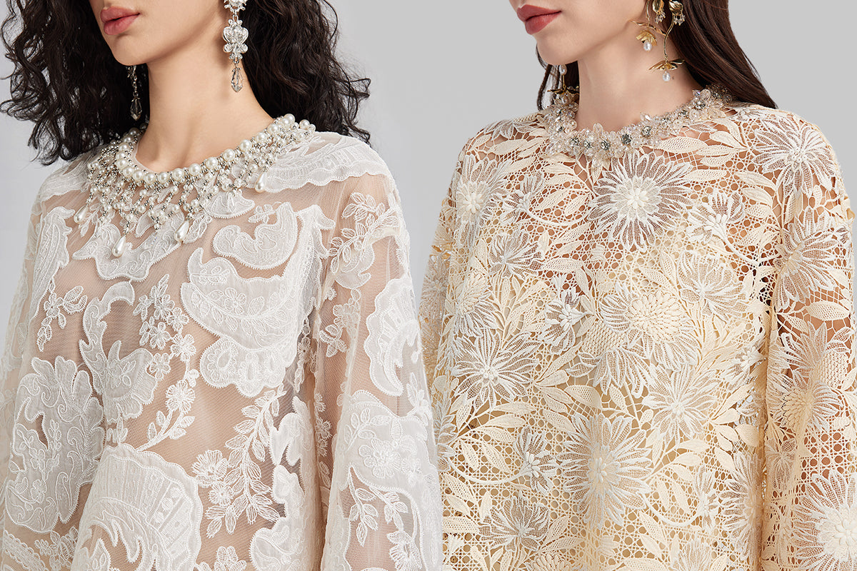 Richradiqs beaded embroidery detail on lace neckline of A-line top