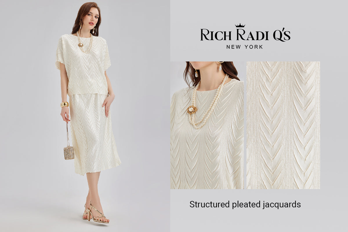 Beige structured pleated jacquard top and skirt – elegant texture for refined womenswear