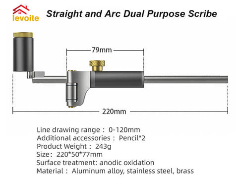 Levoite 2 In 1 Woodworking Straight Line Linear Arc Scriber Tool with Pencil Scribe Tool Draw Circle Straight Tool